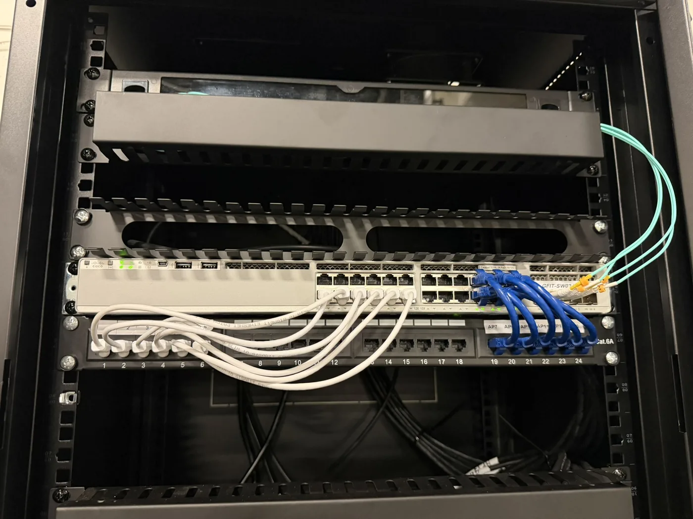 Commercial network rack and cabling from a Chicago Datacom project